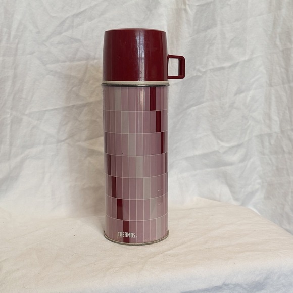 Thermos Other - Vintage Metal 1970's Thermos Pink Metal glass w Cup Stopper 722 check plaid